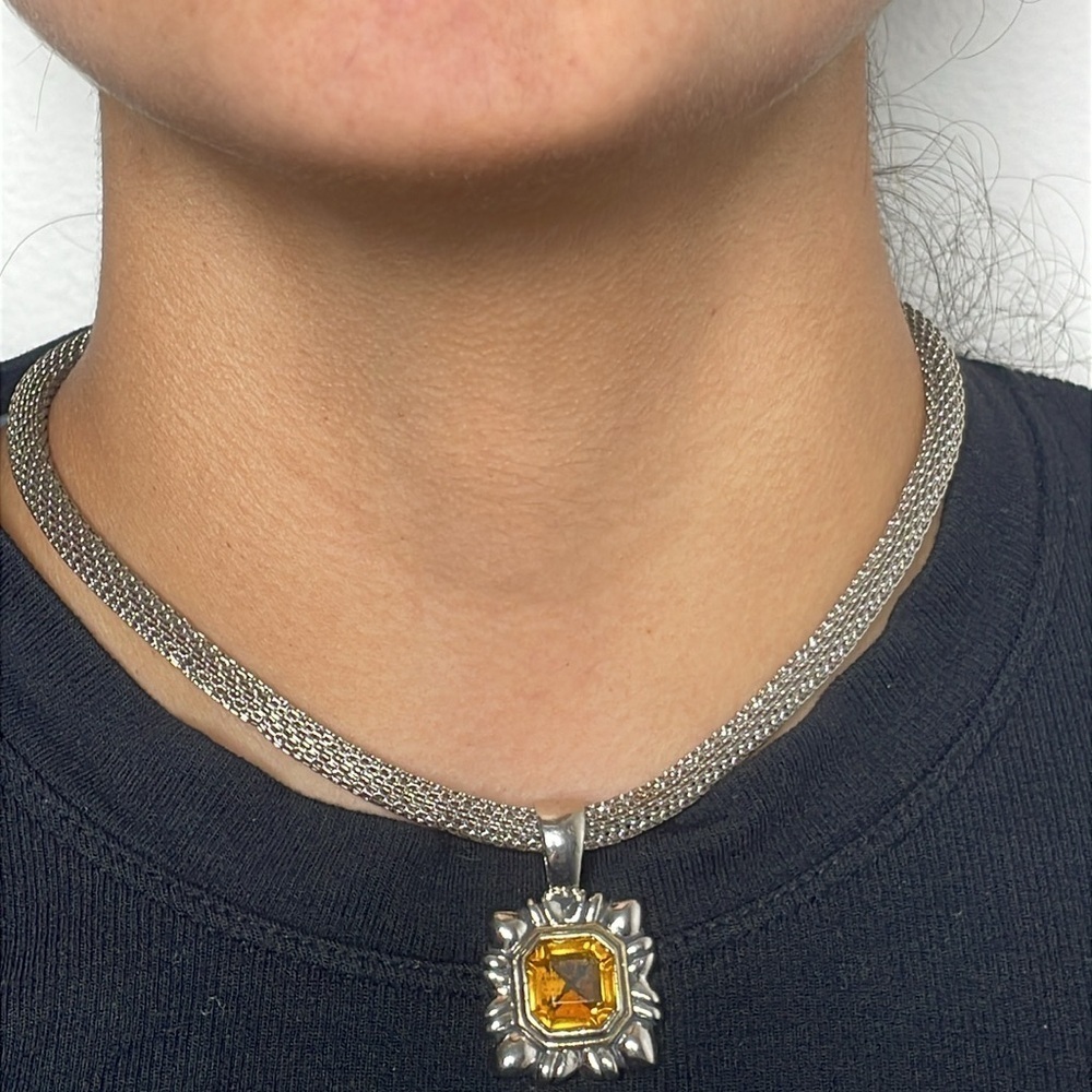 Silver Tone Mesh Choker Necklace with Amber and Silver Tone Pendant - Picture 8 of 8